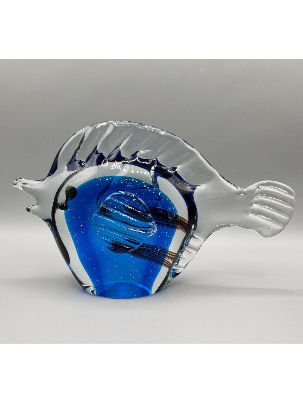 Hand Blown Art Glass Angel Fish Figure Sommerso Silver Fleck Paperweight 6" Blue